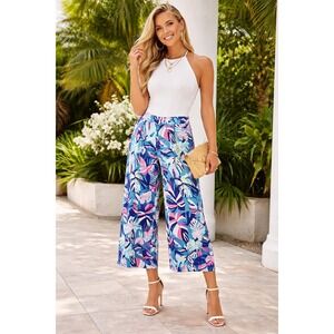 Iman Tropical Print Cropped Wide Leg Pants Size 16 Vacation Hawaiian Chic Summer